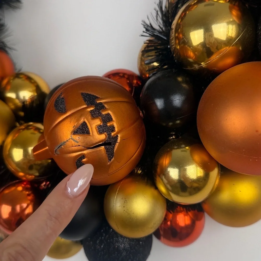Halloween Shatterproof Ornament  Orange Black Gold Shiny Wreath Festive Spooky